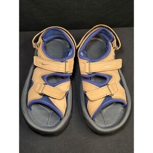 Nike Air Golf Sandals Womens 10 Tan Navy Blue Leather Spiked 302135-221